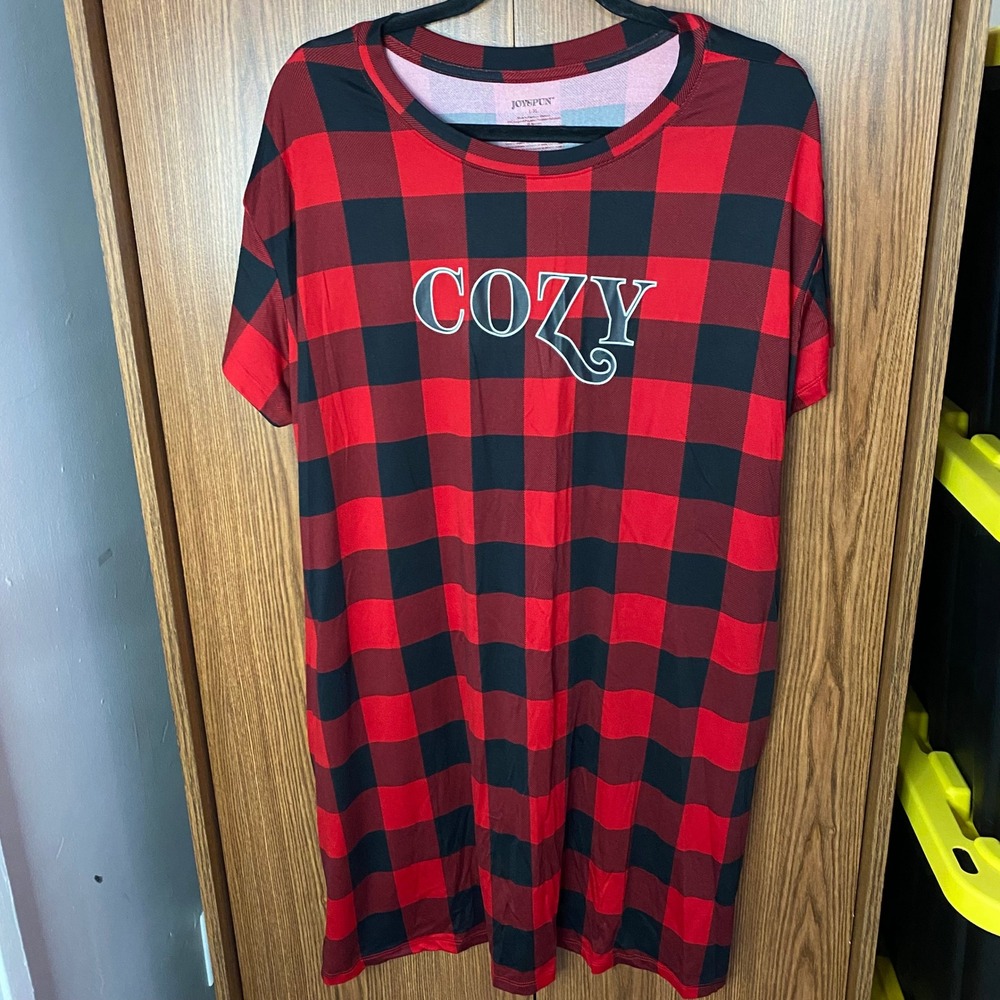 Joyspun Nightshirt Women L-XL Red Black Buffalo Plaid Cozy Short Sleeve Sleep